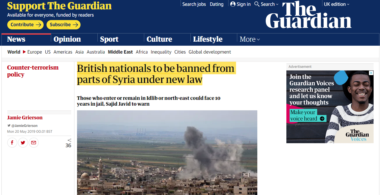 British nationals to be banned from parts of Syria under new law (The Guardian, 20 May 2019)