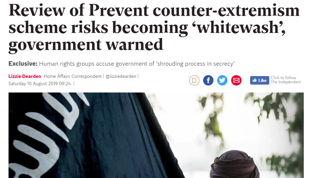 Review of Prevent counter-extremism scheme risks becoming ‘whitewash’, government warned (Independent)