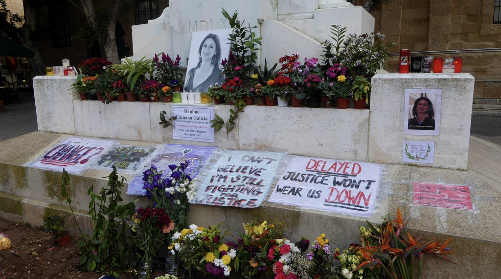 Memorial to murdered investigative journalist Daphne Caruana Galizia at the foot of the Great Siege Monument in Valletta, Malta