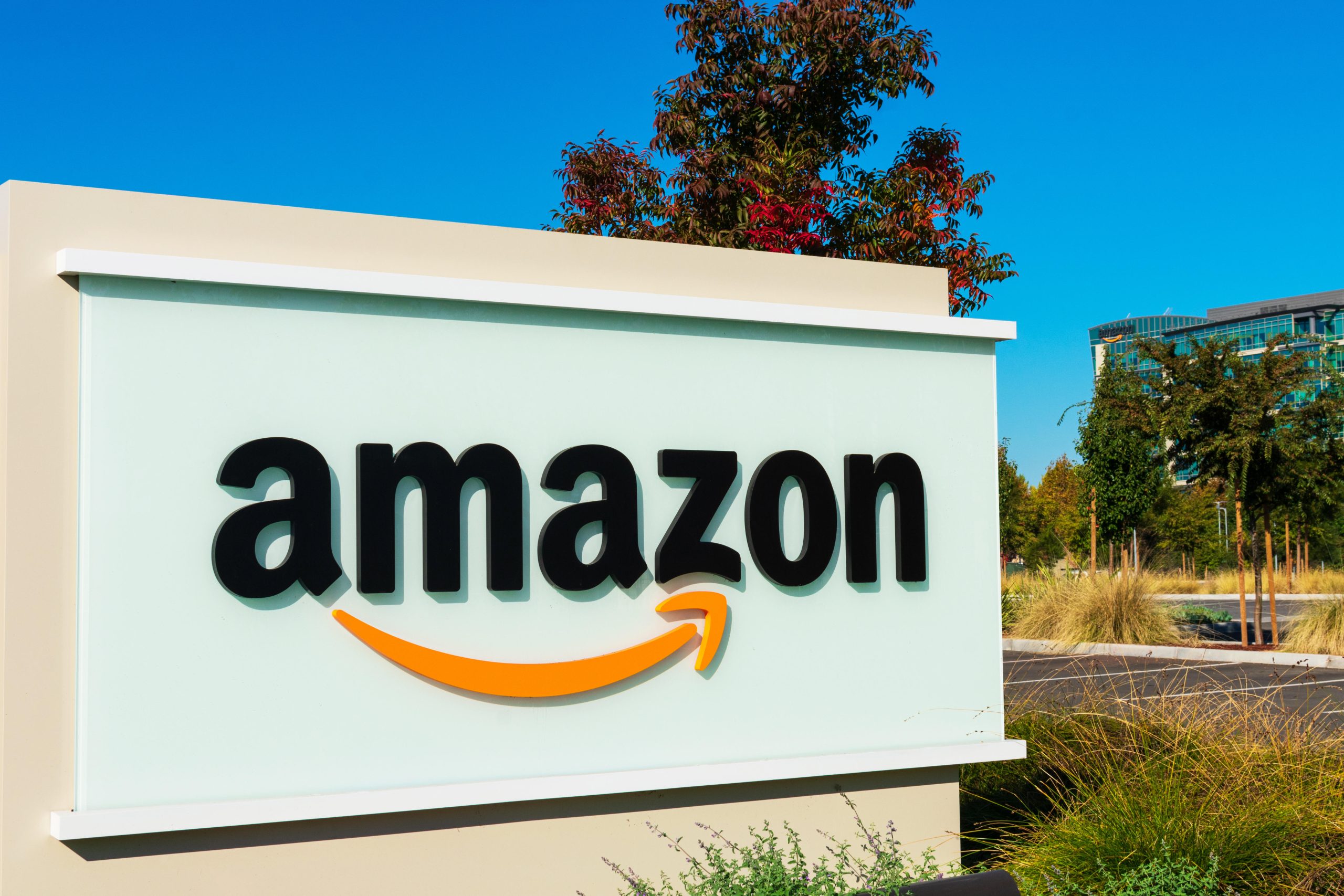 Amazon logo with its signature orange smile at Silicon Valley campus - Sunnyvale, California, USA